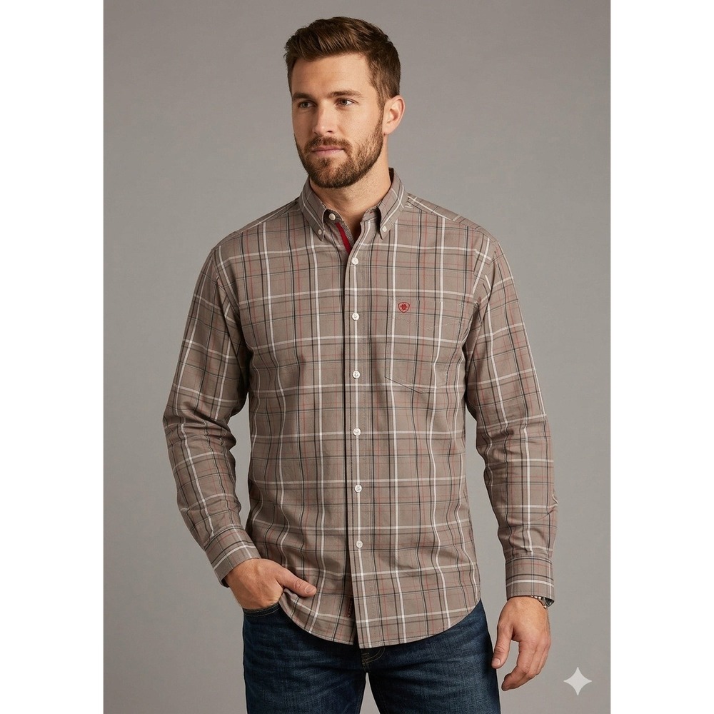 Ariat‎ Pro Series Shirt Men SZ Large Grey Plaid Long Sleeve Button Down